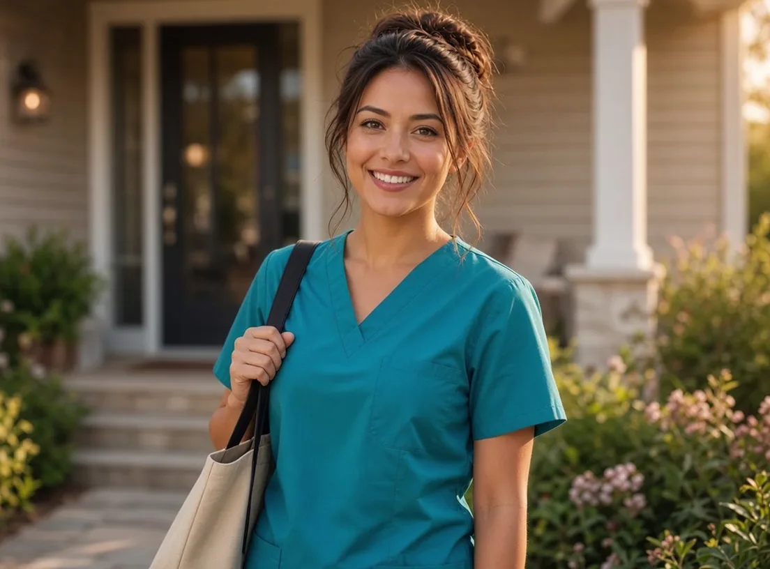 Smiling caregiver in teal scrubs outside a home