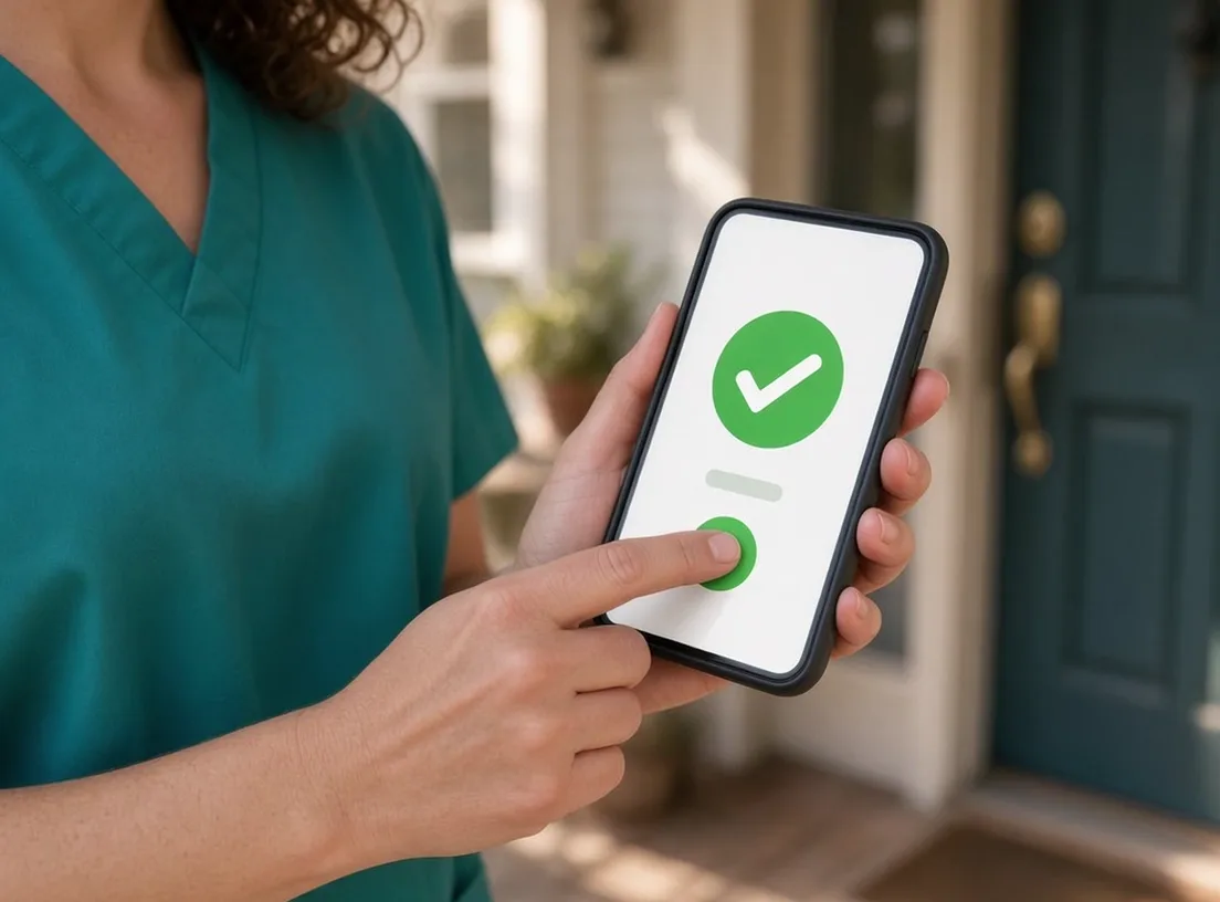 Caregiver tapping a check-in button on a phone app at a client's front door