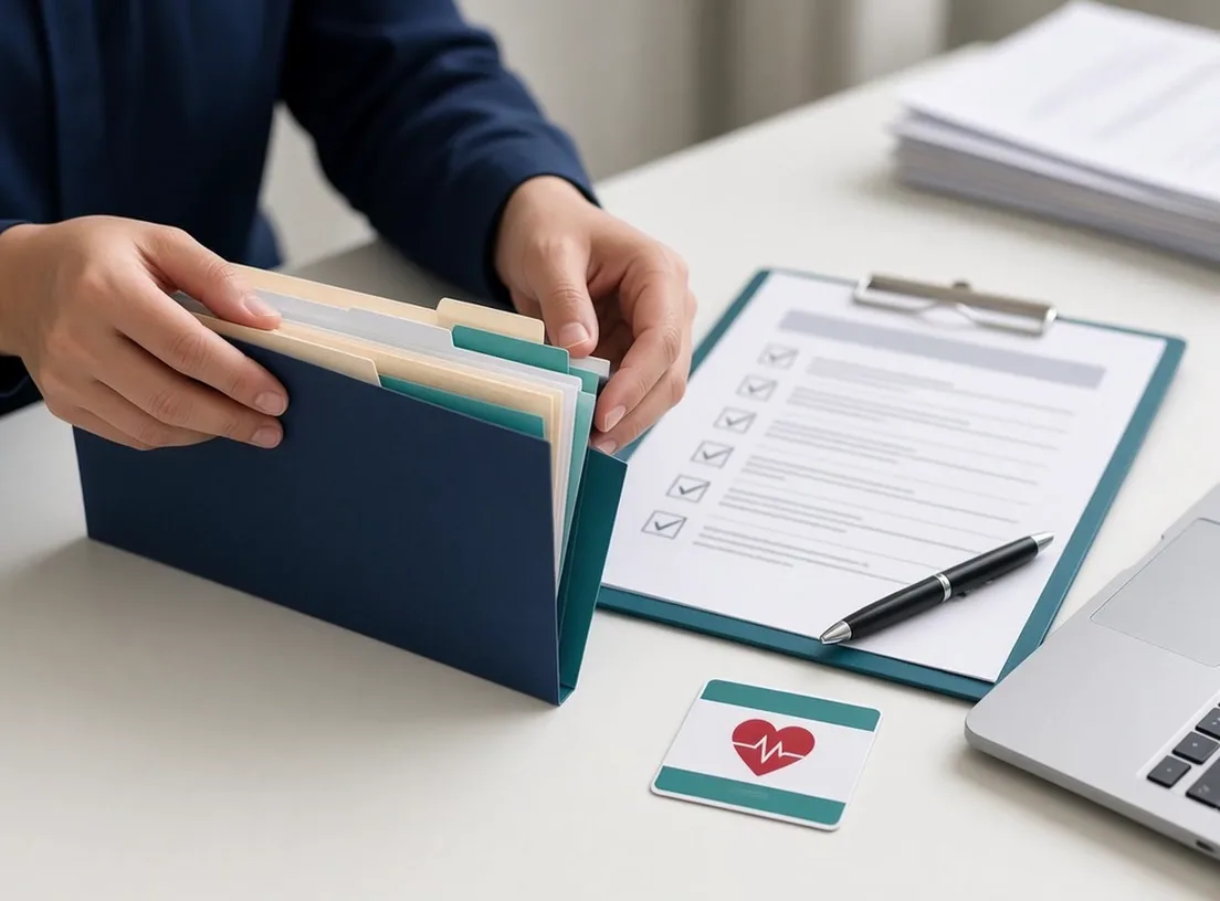 Hands organizing a tabbed employee compliance folder next to a checklist clipboard