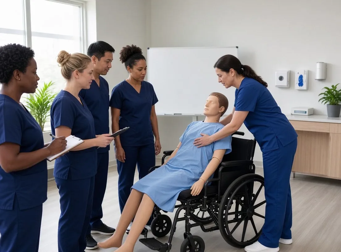 Instructor demonstrating a safe patient transfer to caregivers in an orientation class
